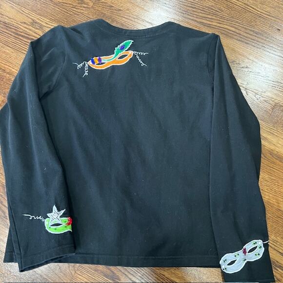 Michael Simon Lite Button Up Sweater Womens S Black Masquerade Mask Art to Wear - Picture 2 of 8